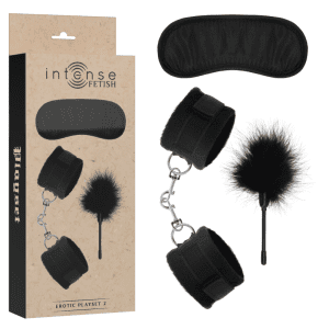 Coffret Érotique INTENSE FETISH – Menottes, Bandeau et Chatouilleur en cuir végétalien