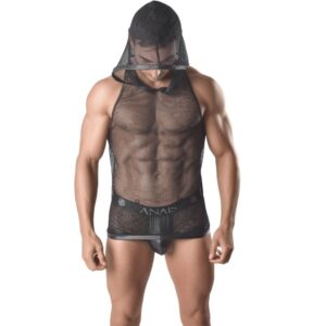 Débardeur sexy en mesh noir avec capuche pour homme