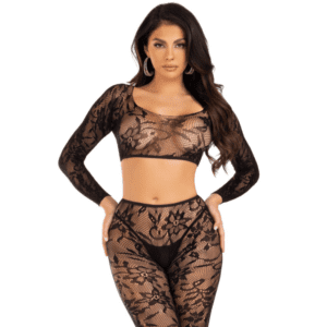 Ensemble lingerie dentelle Chantilly sexy – haut & collants sans pieds