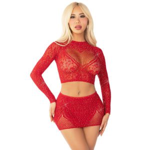 Ensemble haut et jupe en maille scintillante rouge – Look glamour assuré