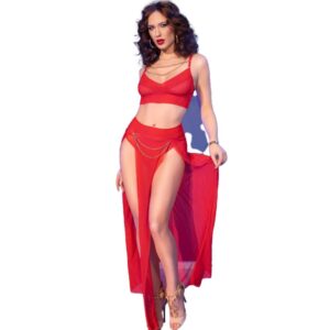 Ensemble lingerie rouge sensuel avec chaînes dorées CHILIROSE